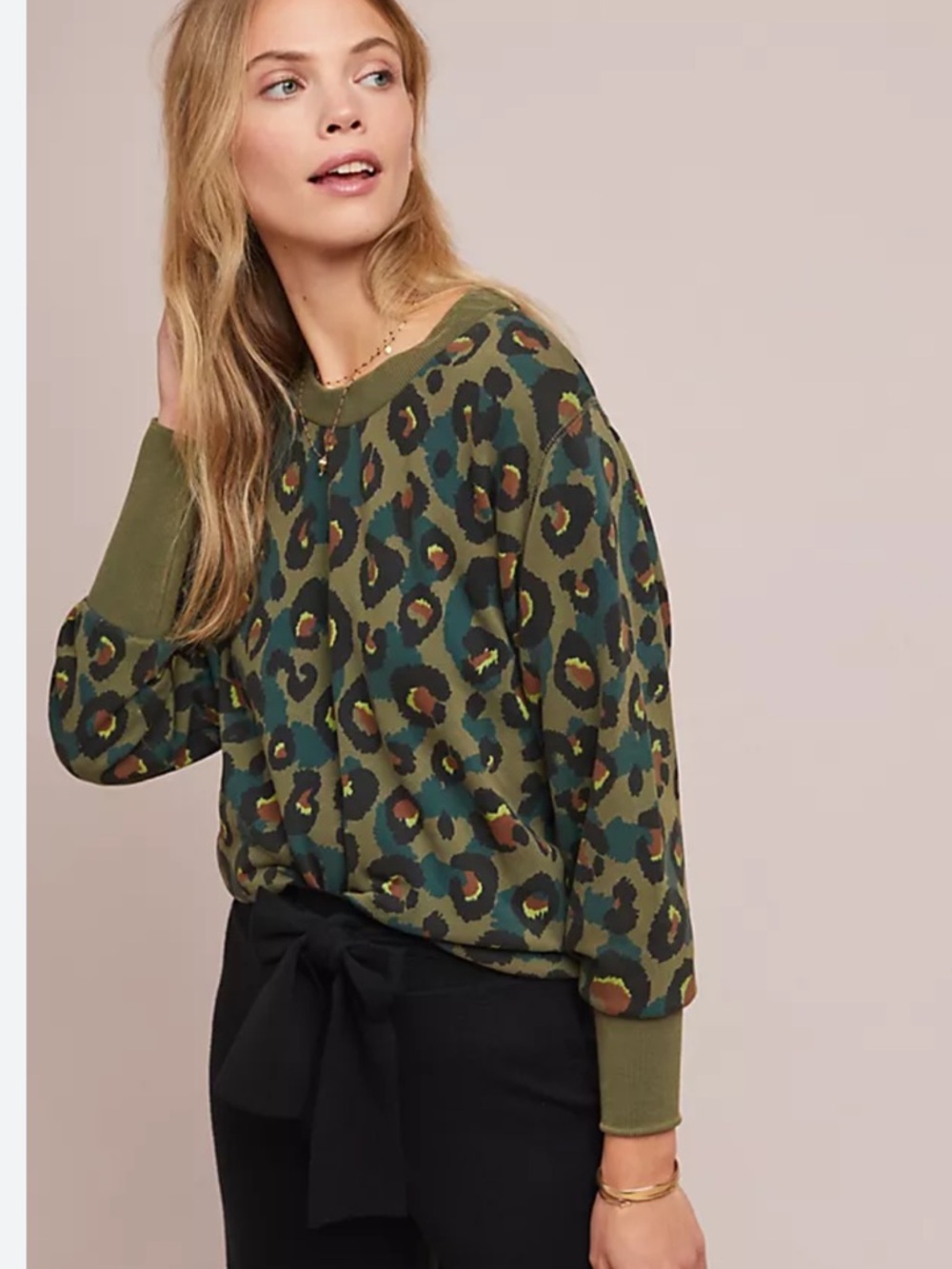Anthropologie Olive Green Leopard Print Sweatshirt